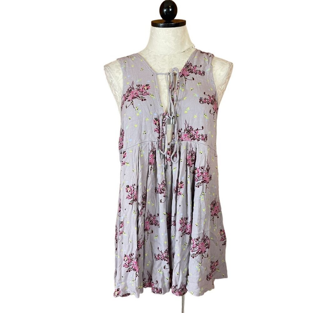 Free People Tunic Top Pullover Lace Tie Sleeveless Floral Purple Lilac Sz S NWOT